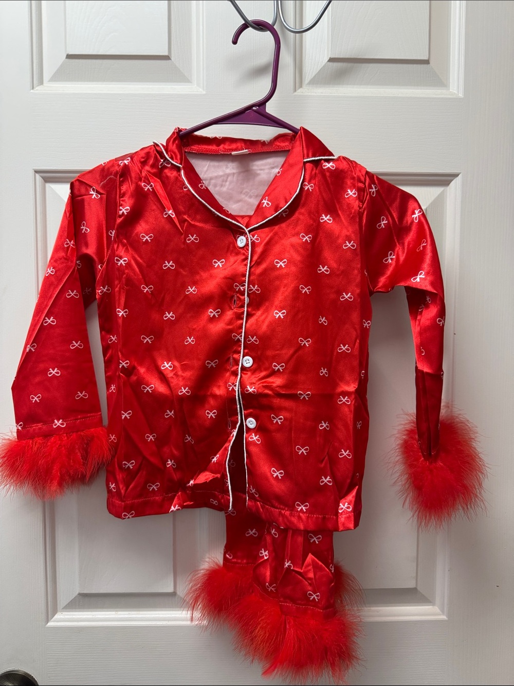 Kids Red Satin Pajama Set with Feather Trim